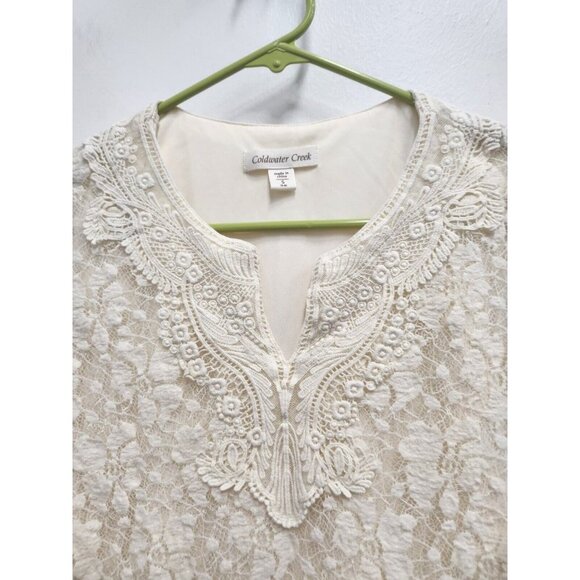 Coldwater Creek Womens Ivory Floral Lace Top Small Crochet Trim 3/4 Sleeve - Picture 2 of 7